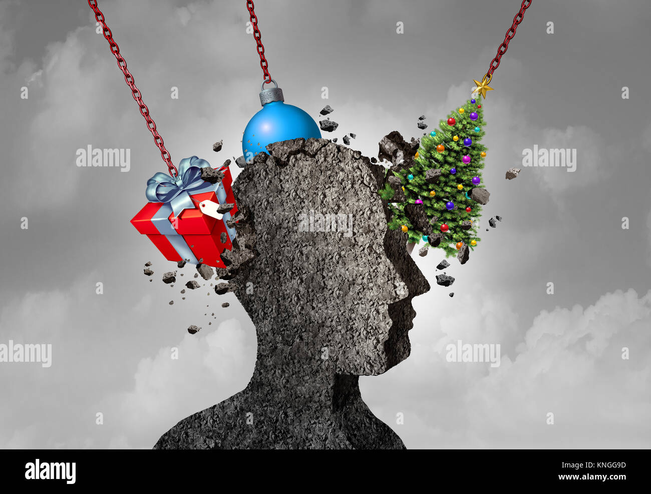 Holiday headache as a human head shape made of concrete being pounded by christmas symbols as a seasonal depression and stress. Stock Photo