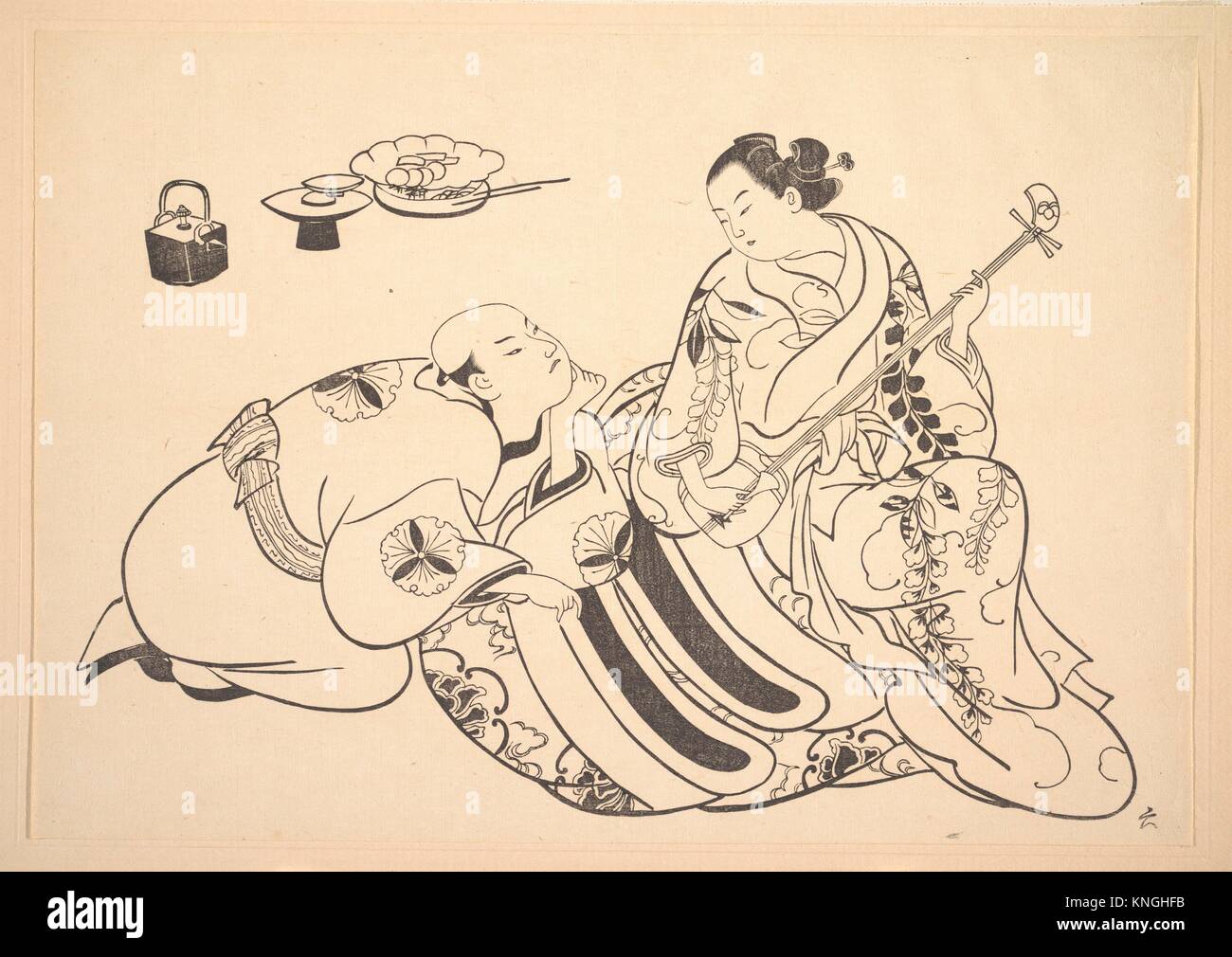 An Oiran Playing the Shamisen to a Young Man Kneeling by Her Side in Rapt Attention. Artist: After Okumura Masanobu (Japanese, 1686-1764); Period: Stock Photo