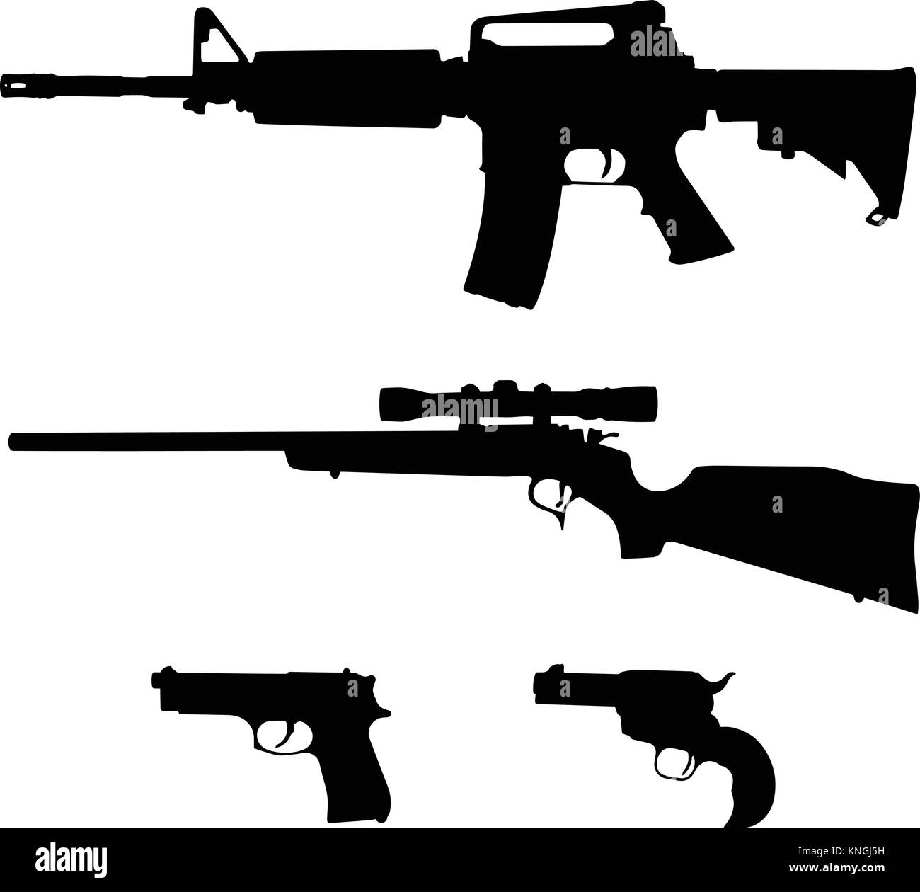 AR-15 style Semi-Automatic Rifle, Bolt Action Rifle and Pistols Silhouette Vector Stock Vector