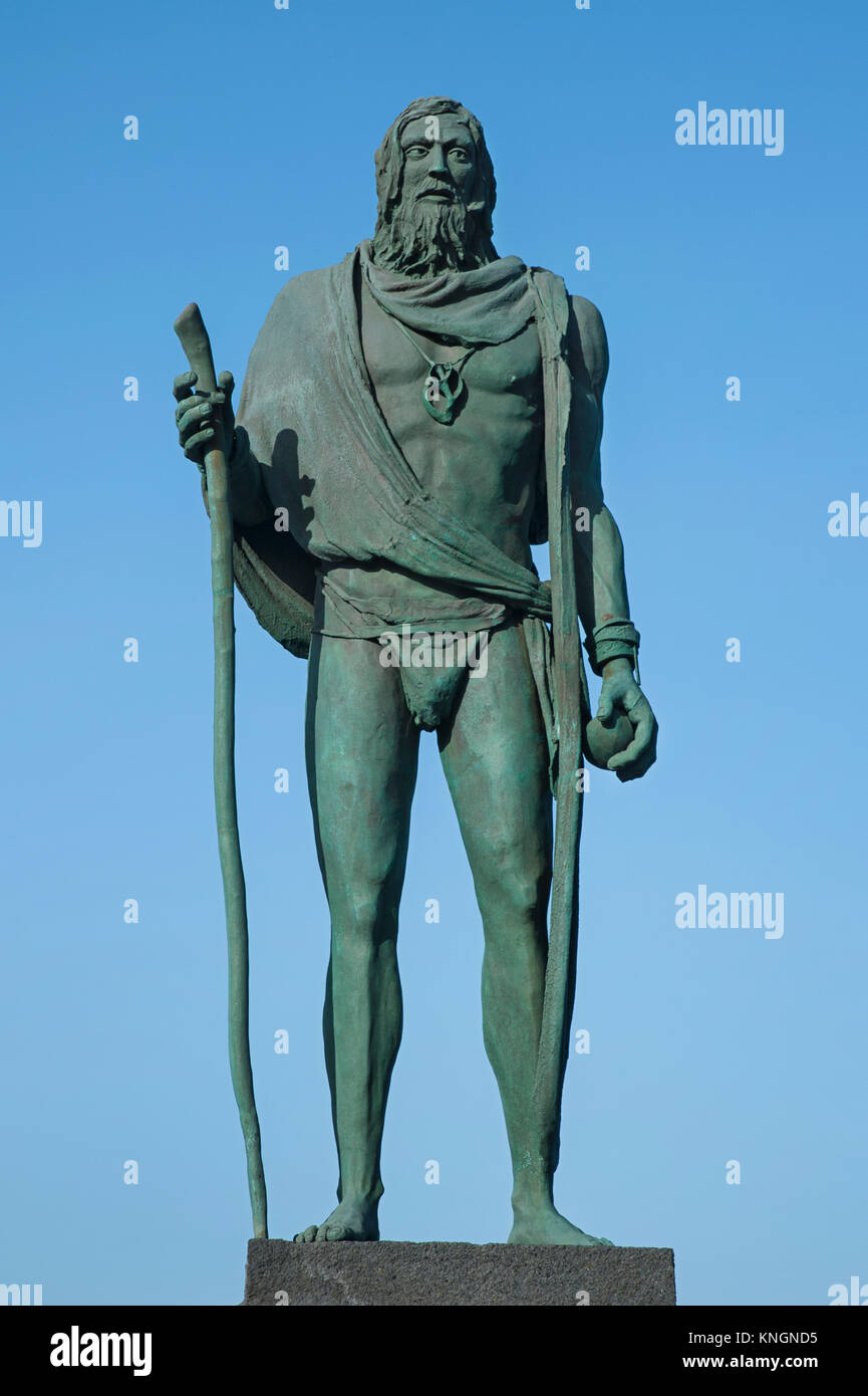 Statue of Pelinor, a Guanche chief or a mencey, part of the nine statues of pre-Hispanic kings situated in Plaza de la Patrona de Canarias Stock Photo
