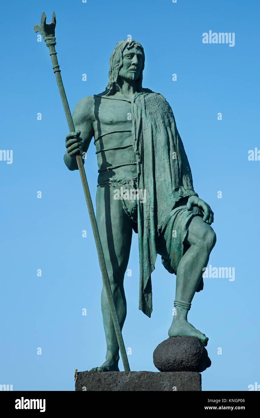 Statue of Tegueste, a Guanche chief or a mencey, part of the nine statues of pre-Hispanic kings situated in Plaza de la Patrona de Canarias Stock Photo