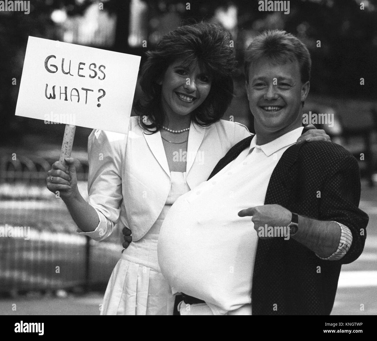 Madcap children's presenter Keith Chegwin finds a novel way of announcing his 'Tomorrow's World' presenter wife, Maggie Philbin, is expecting their first child. Stock Photo