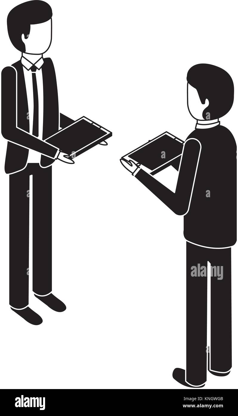 businessmen standing holding device technology isometric Stock Vector ...