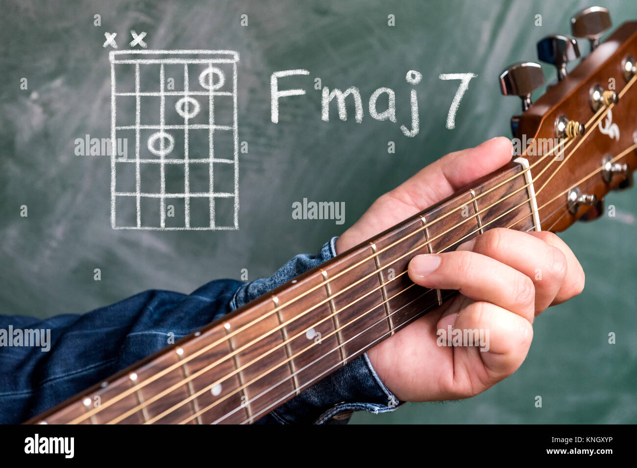 Man in a blue denim shirt playing guitar chords displayed on a blackboard,  Chord F major 7 Stock Photo - Alamy