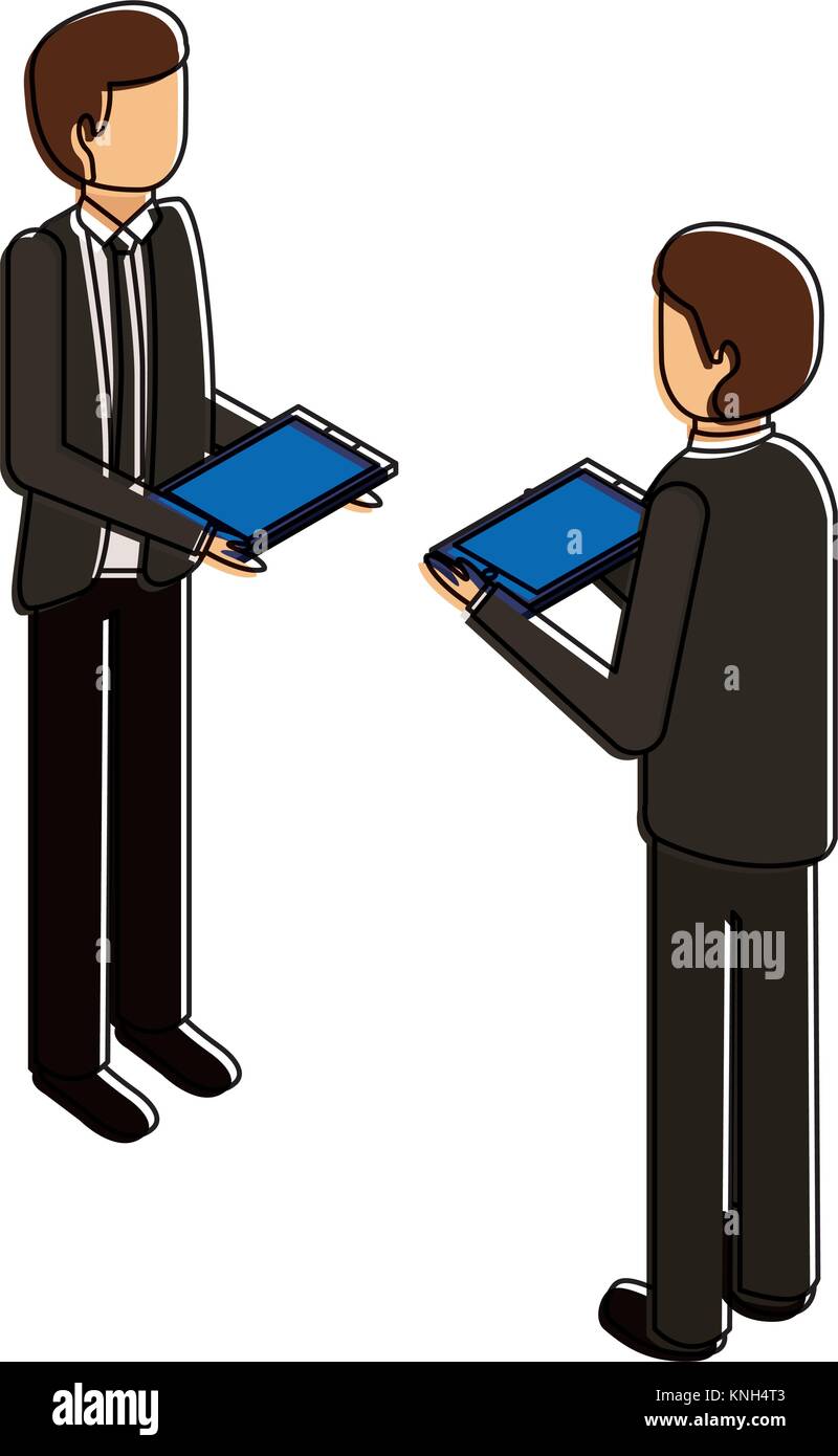 businessmen standing holding device technology isometric Stock Vector ...