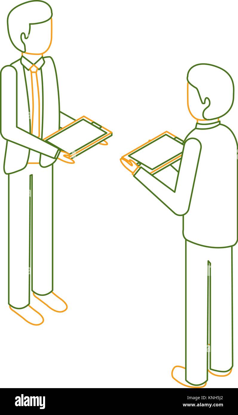 businessmen standing holding device technology isometric Stock Vector ...