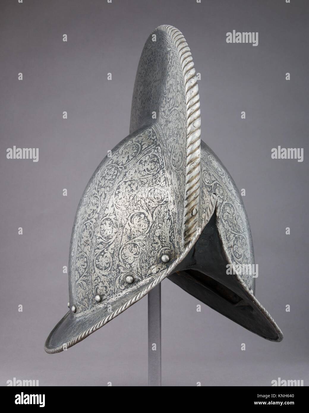 Morion. Date: ca. 1575; Culture: French; Medium: Steel, leather; Dimensions: H. 13 1/16 in. (33.2 cm); W. 9 11/16 in. (24.6 cm); D. 13 1/2 in. (34.3 Stock Photo