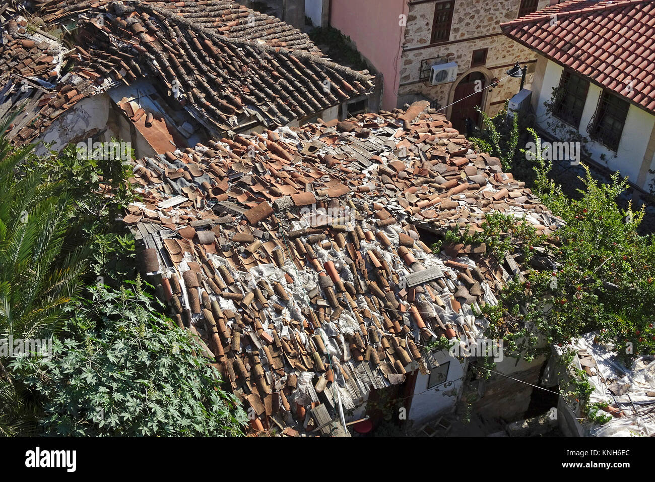 Old ramshackle tile roofs of osmanian houses at Kaleici, the old town of Antalya, turkish riviera, Turkey Stock Photo