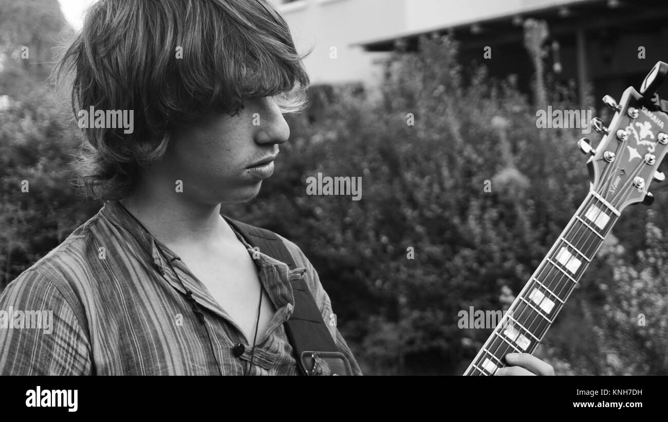 Electric guitar player B&W Stock Photo