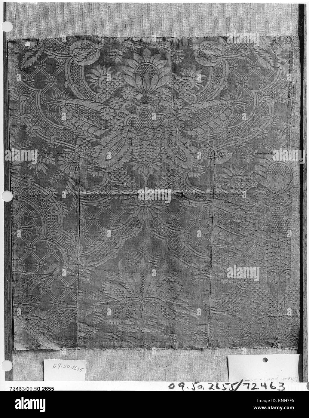 Fragment of silk damask. Date: early 18th century; Culture: French; Medium: Silk; damask weave; Dimensions: 21 x 21 inches (53.3 x 53.3 cm); Stock Photo