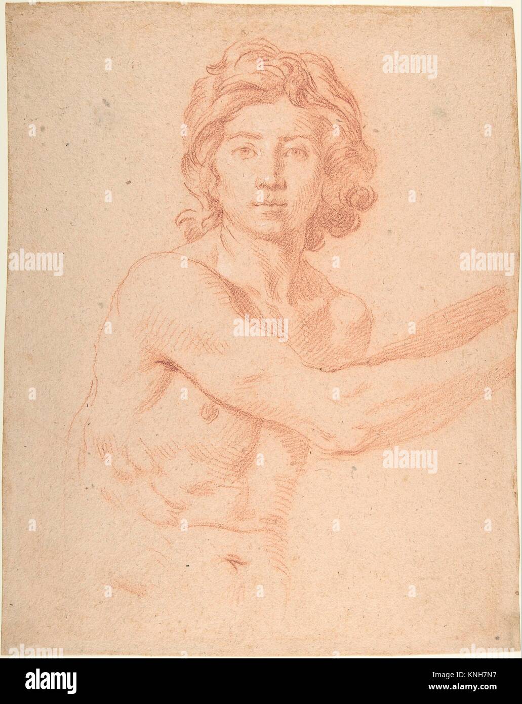 Half-Figure of a Youth with His Right Arm Raised. Artist: Simone Cantarini (Italian, Pesaro 1612-1648 Verona); Date: 1612-48; Medium: Red chalk, a Stock Photo