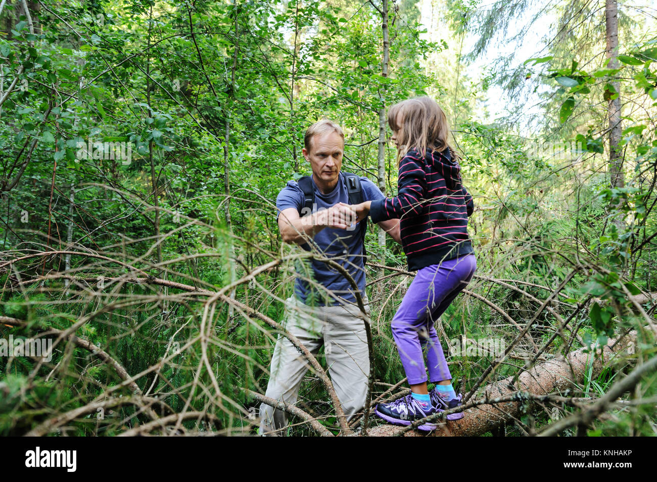 Overcoming obstacles while walking in the forest. The adult is helping the girl to cross the fallen tree. Stock Photo