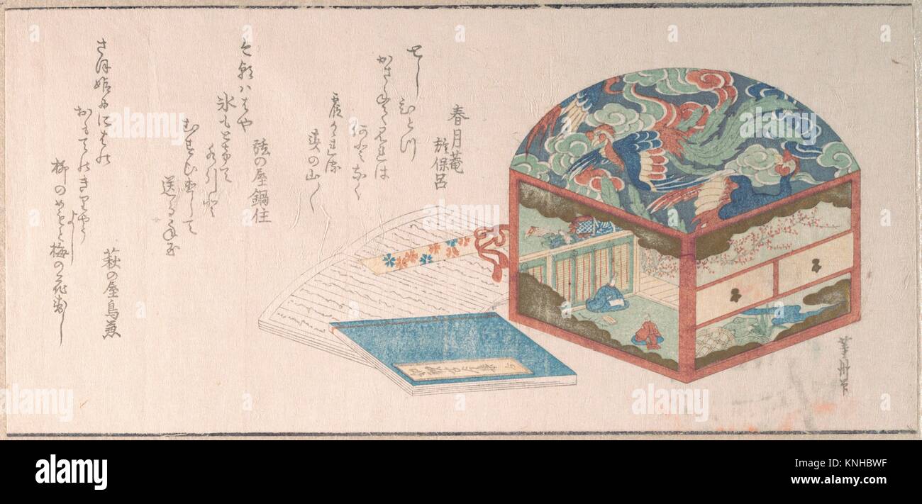 Box and Books. Artist: Uematsu Toshu (Japanese, active late 1810s-20s); Period: Edo period (1615-1868); Culture: Japan; Medium: Polychrome woodblock Stock Photo