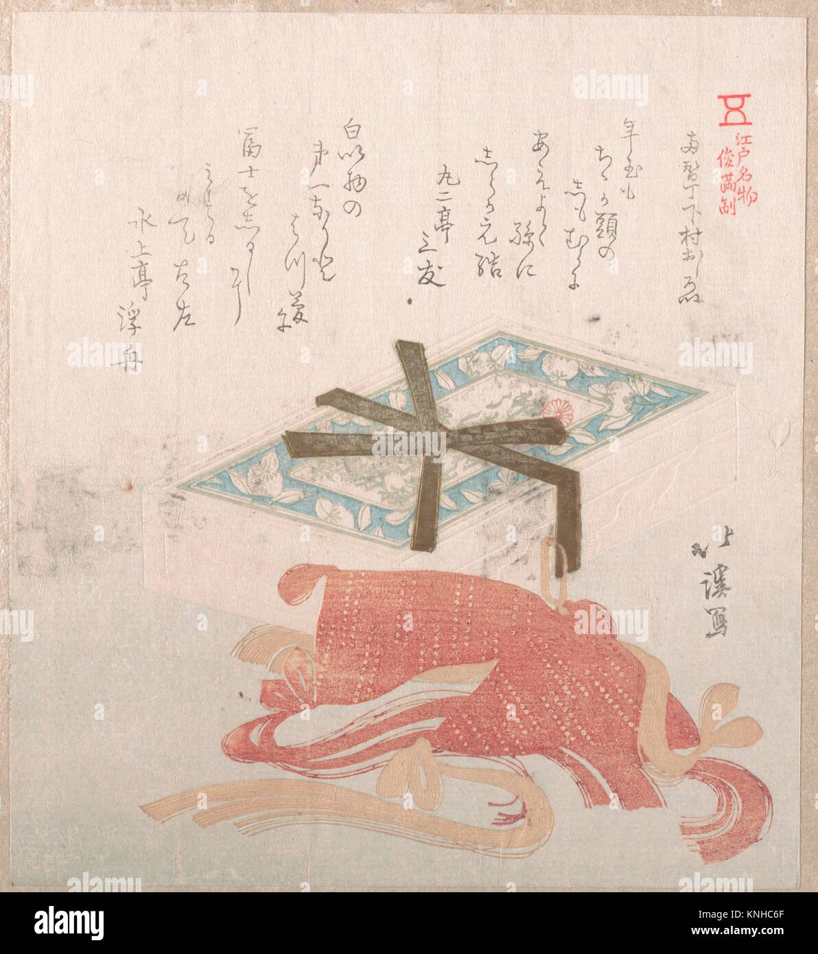 Box of Face Powder and Hair Ties; Specialities of Shimomura in Ryogaecho. Artist: Totoya Hokkei (Japanese, 1780-1850); Period: Edo period Stock Photo