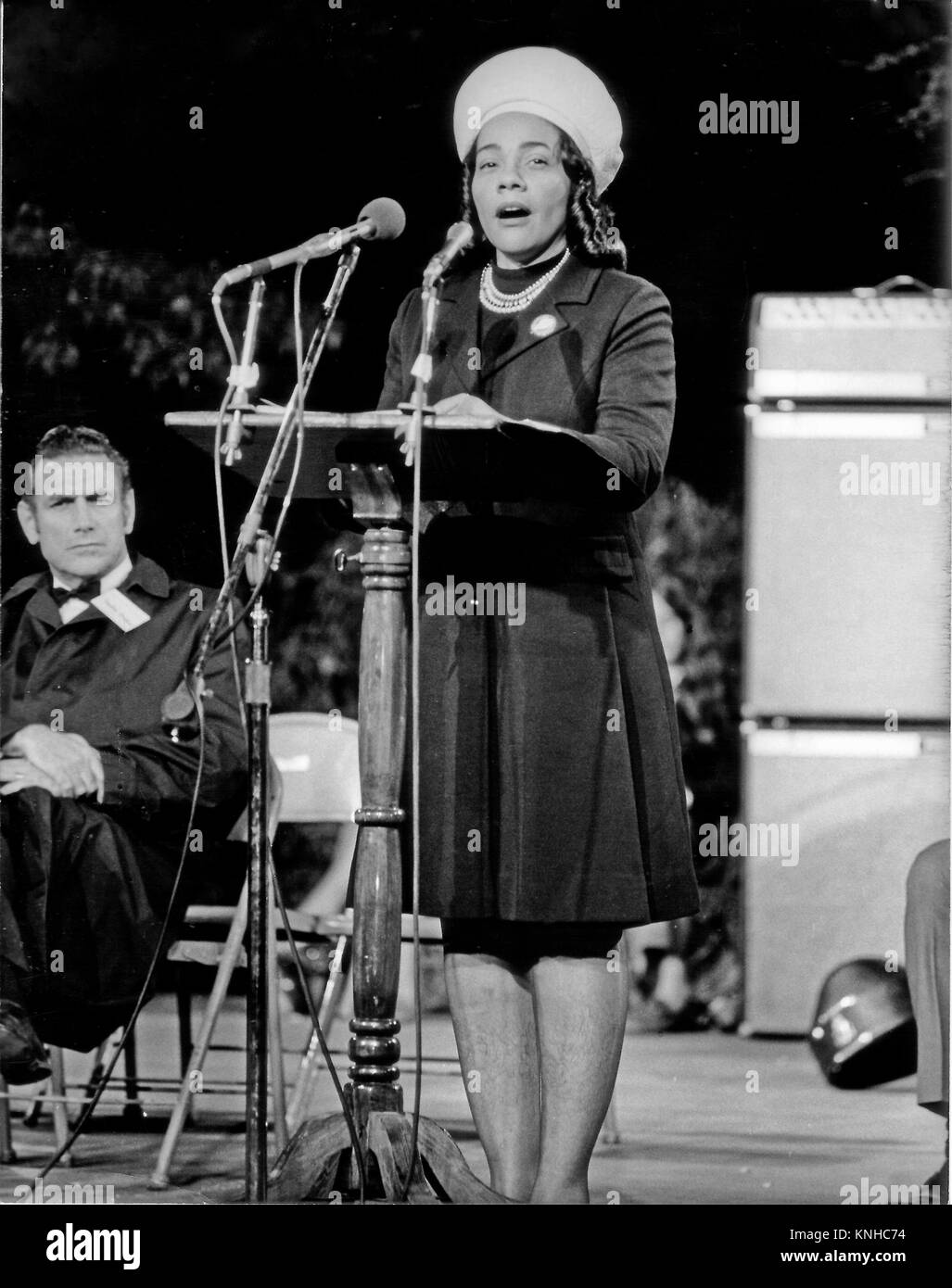 Washington, D.C. - January 31, 2006 -- Coretta Scott King has passed away in Atlanta, Georgia at age 78.  This file photo, taken in Washington, D.C.  on October 15, 1969, shows Mrs. Martin Luther King, Jr. (Coretta Scott) addressing a mass rally on the grounds of the Washington Monument.  Mrs. King was one of the supporters of the nationwide moratorium for peace in Vietnam.  Following her speech, Mrs. King led a candlelight march from the monument past the White House where she lit a candle in honor of the United States dead in Vietnam..Credit: Benjamin E. 'Gene' Forte - CNP /MediaPunch Stock Photo