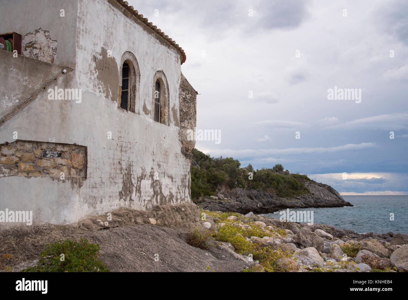 Abandoned buildings on the harbour at Kardamyli, Greece Stock Photo Alamy