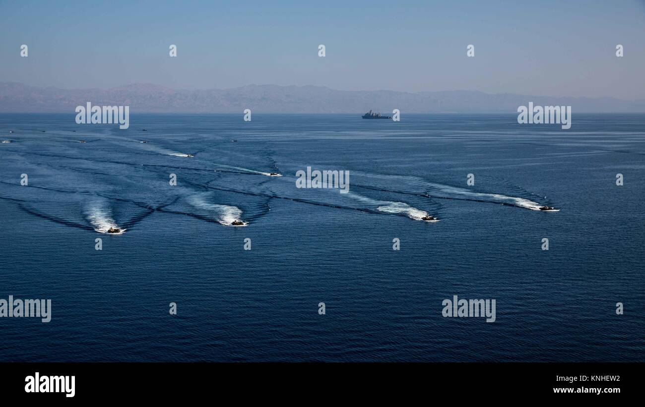 Amphibious assault vehicles debark from the USN Whidbey Island-class dock landing ship USS Comstock during Exercise Alligator Dagger December 6, 2016 in the Arabian Sea. (photo by Devan K. Gowans via Planetpix) Stock Photo