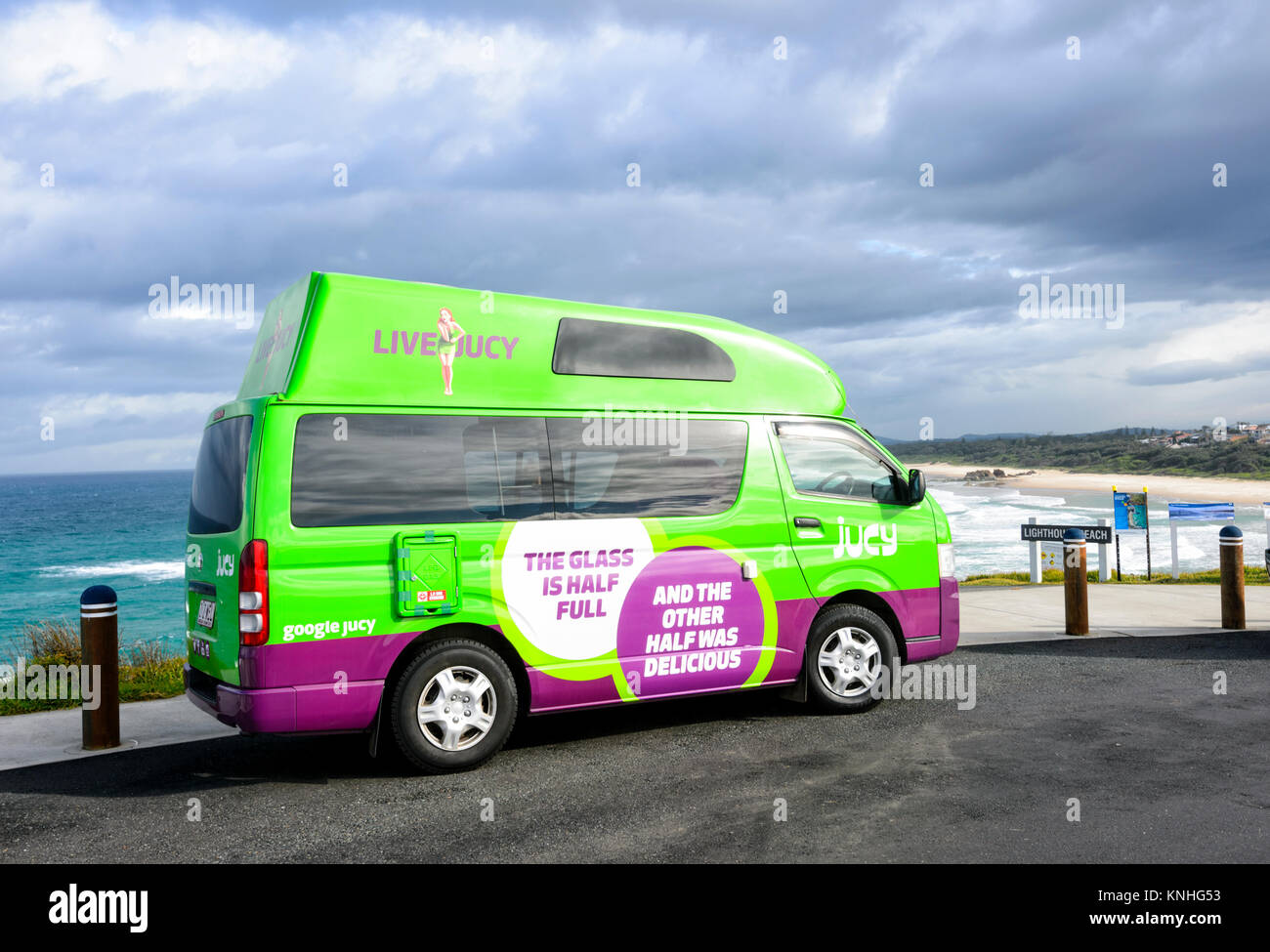 Cheap Jucy campervan rental with a joke, New South Wales, NSW, Australia Stock Photo