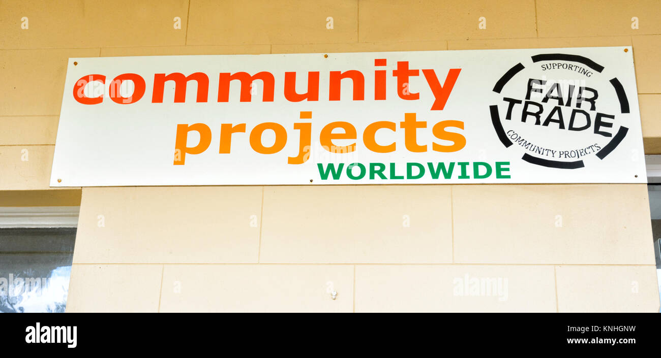 Fair Trade Community Projects sign at Port Macquarie, New South Wales, NSW, Australia Stock Photo