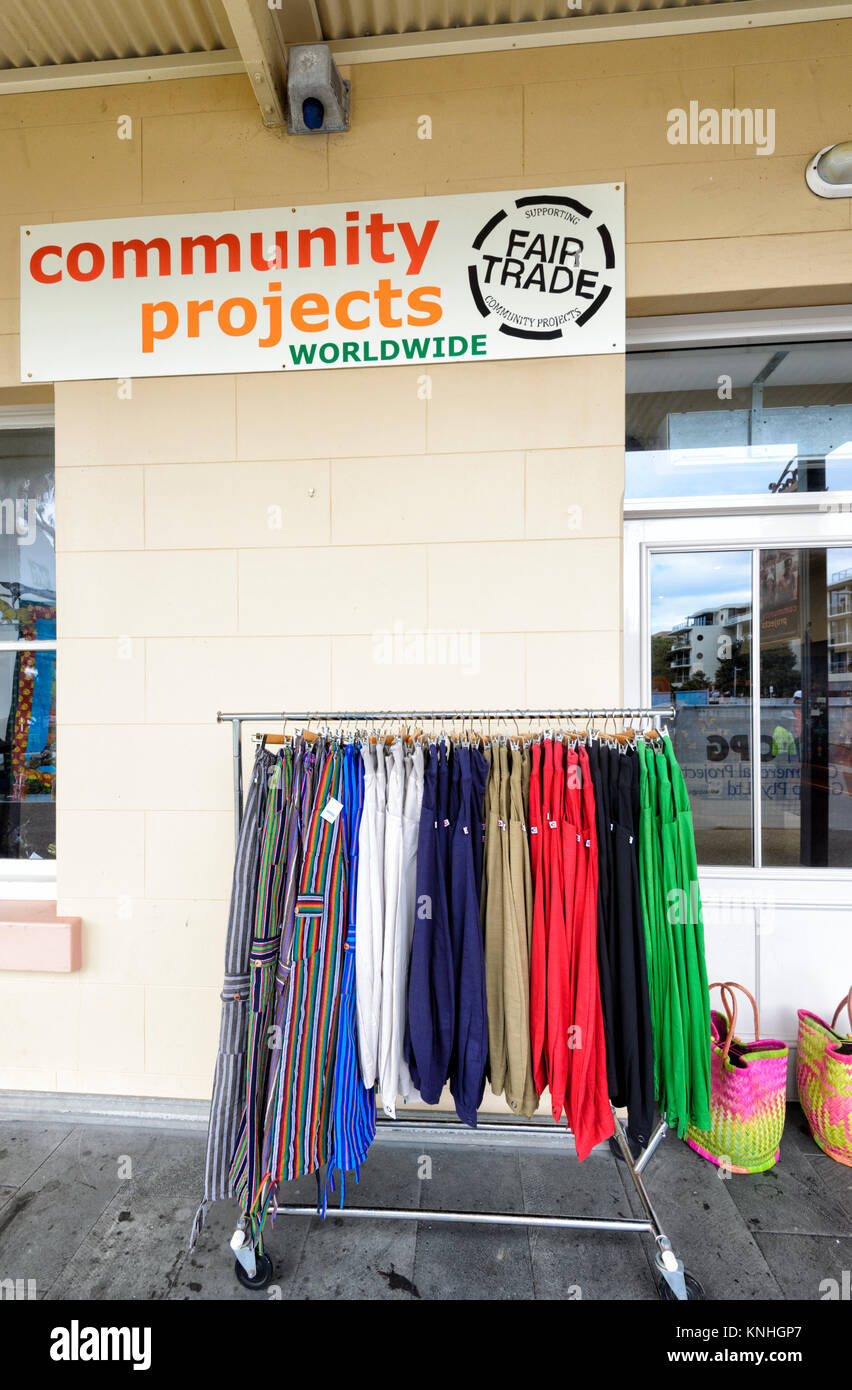 Clothing sold as part of Fair Trade Community Projects at Port Macquarie, New South Wales, NSW, Australia Stock Photo