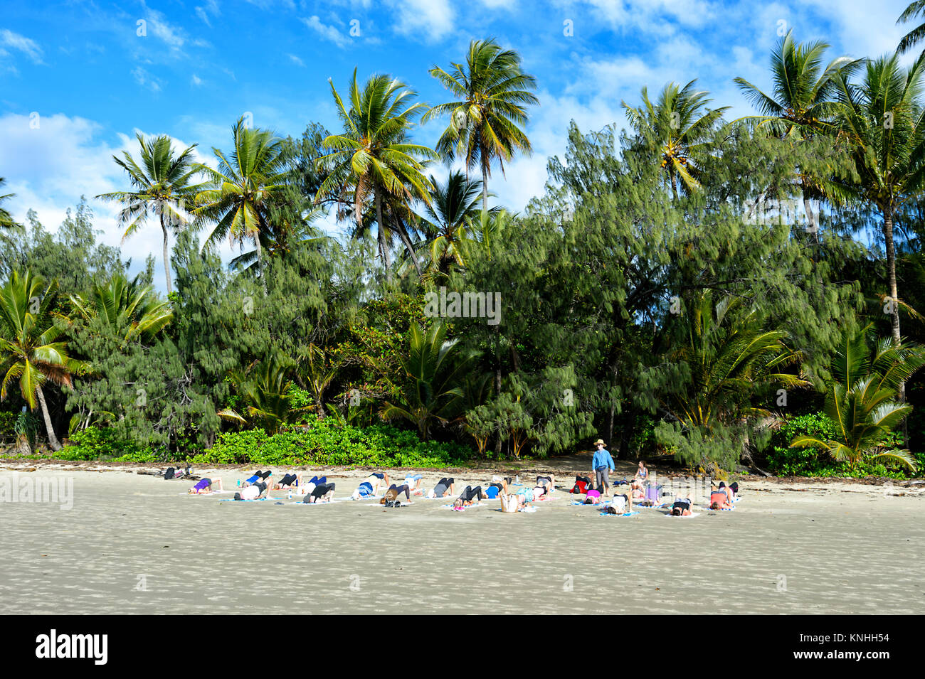 Yoga class on the beach, Four Mile Beach, Port Douglas, Far North Queensland, FNQ, QLD, Australia Stock Photo