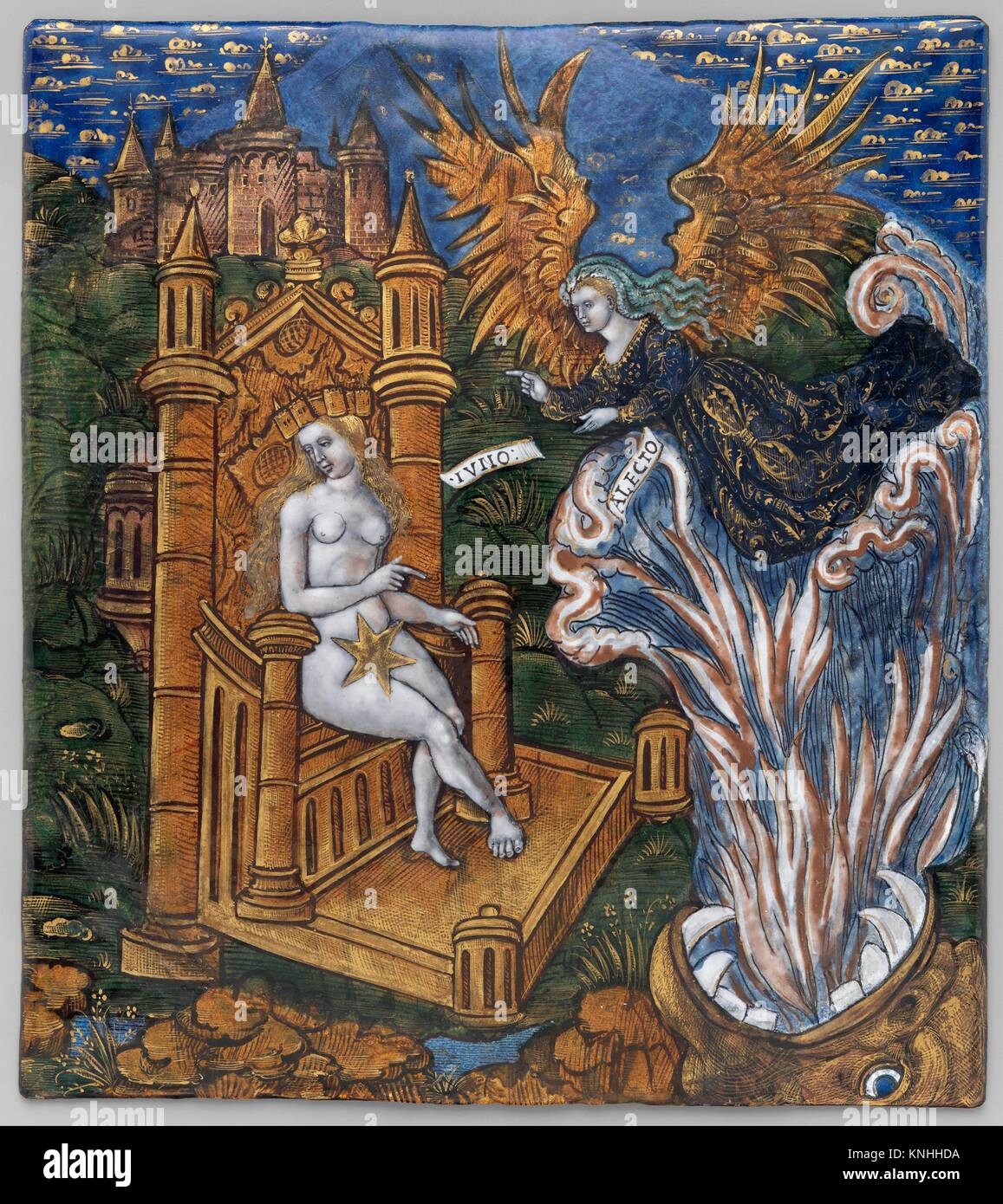 Juno, Seated on a Golden Throne, Asks Alecto to Confuse the Trojans (Aeneid, Book VI). Artist: Master of the Aeneid (active ca. 1530-40); Date: ca. Stock Photo