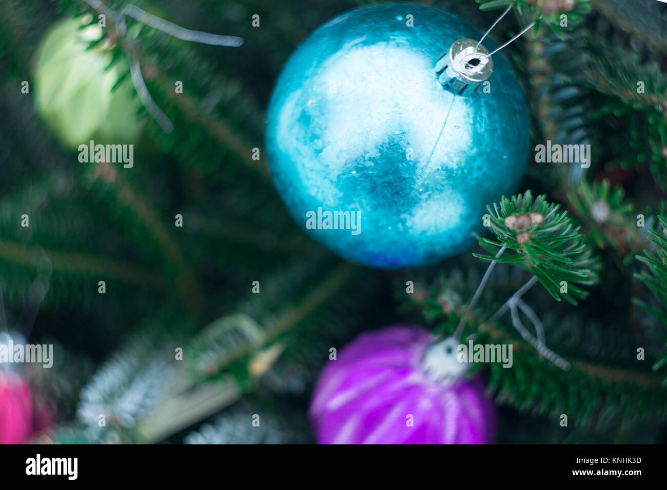 A blue ball made of glass on a Christmas. The branches of a tree are ...