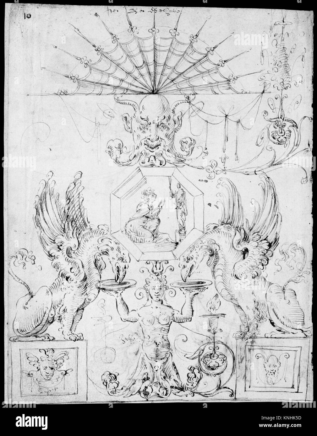 Grotesque Design with an Octagonal Panel in the Center and Two Griffins Drinking from PLates held up by a Hybrid Creature (recto); Two Turtles above a Scene with Four Figures (verso) MET MM37922 337501 Stock Photo
