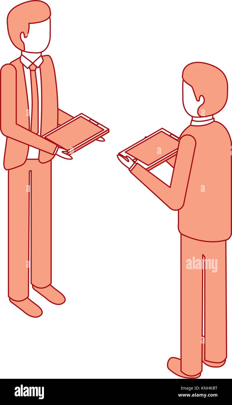 businessmen standing holding device technology isometric Stock Vector ...