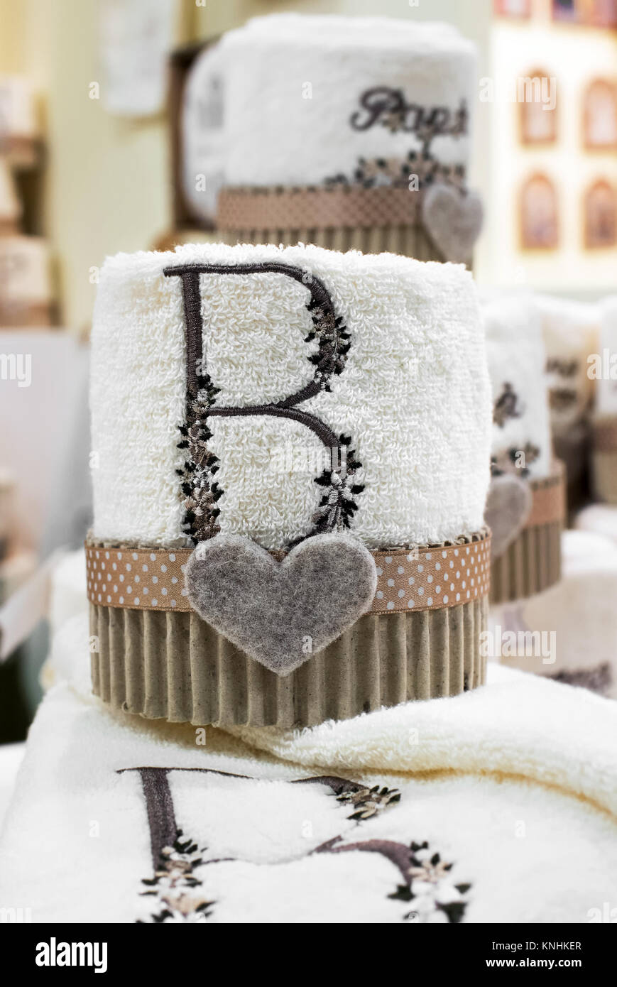 Decorative embroidery on towelling fabric with the letter B with a