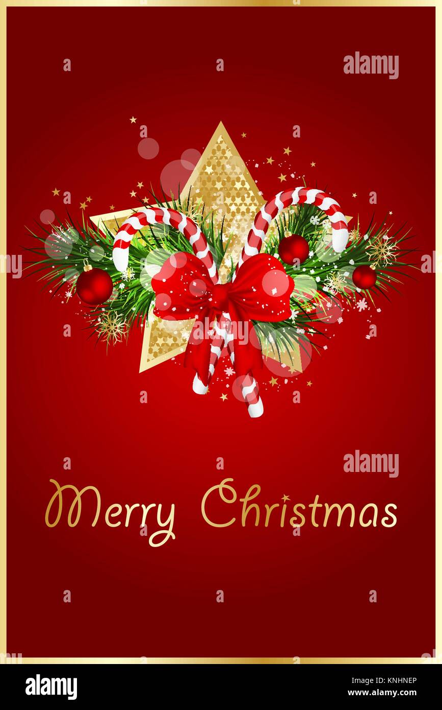 Christmas background with fir branches and gold stars with decorations ...