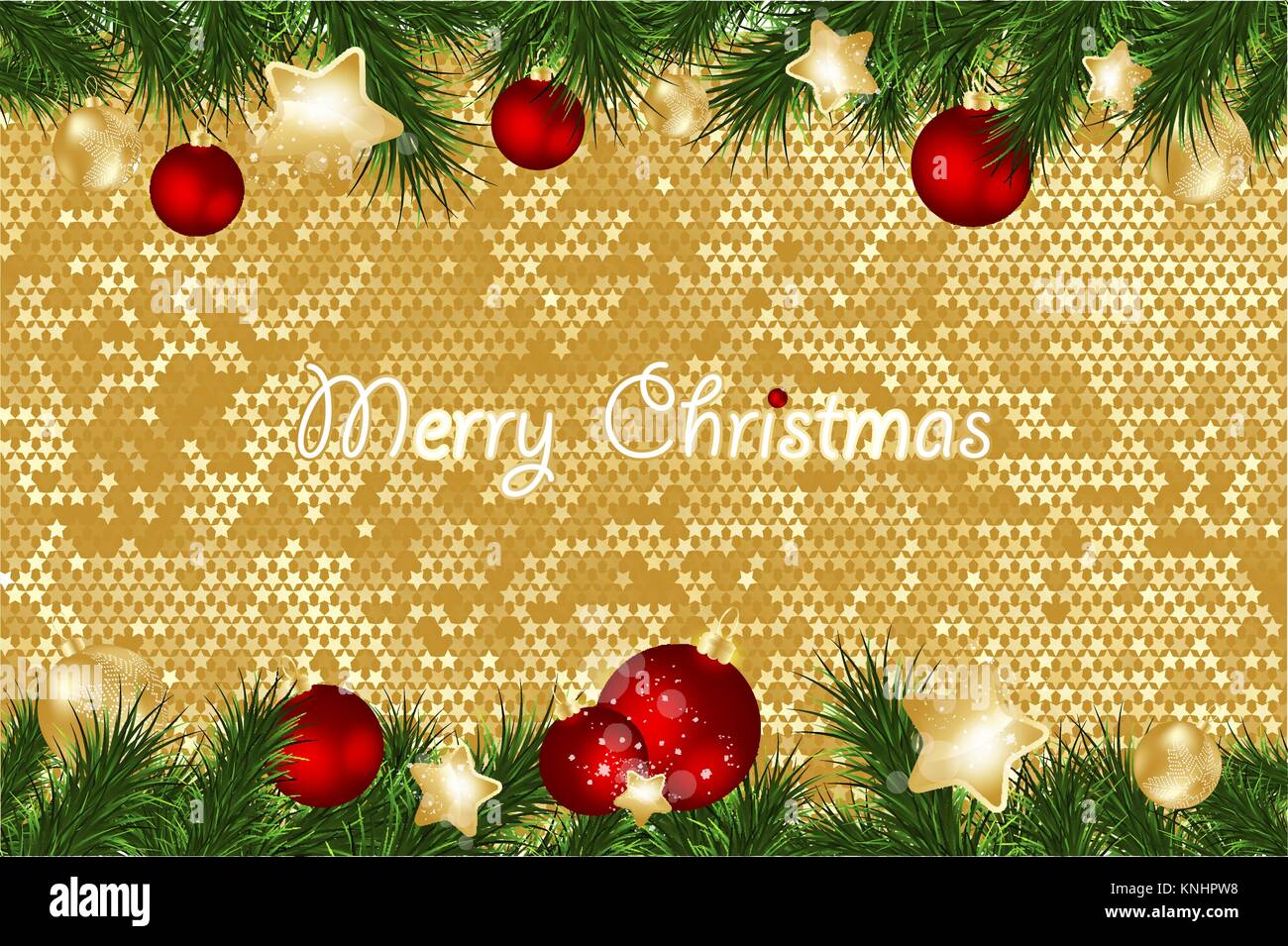 Christmas background with fir branches and gold stars with decorations ...