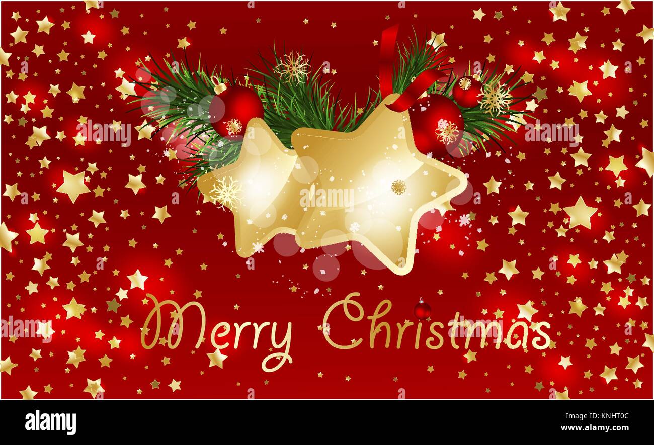 Christmas background with fir branches and gold stars with decorations ...