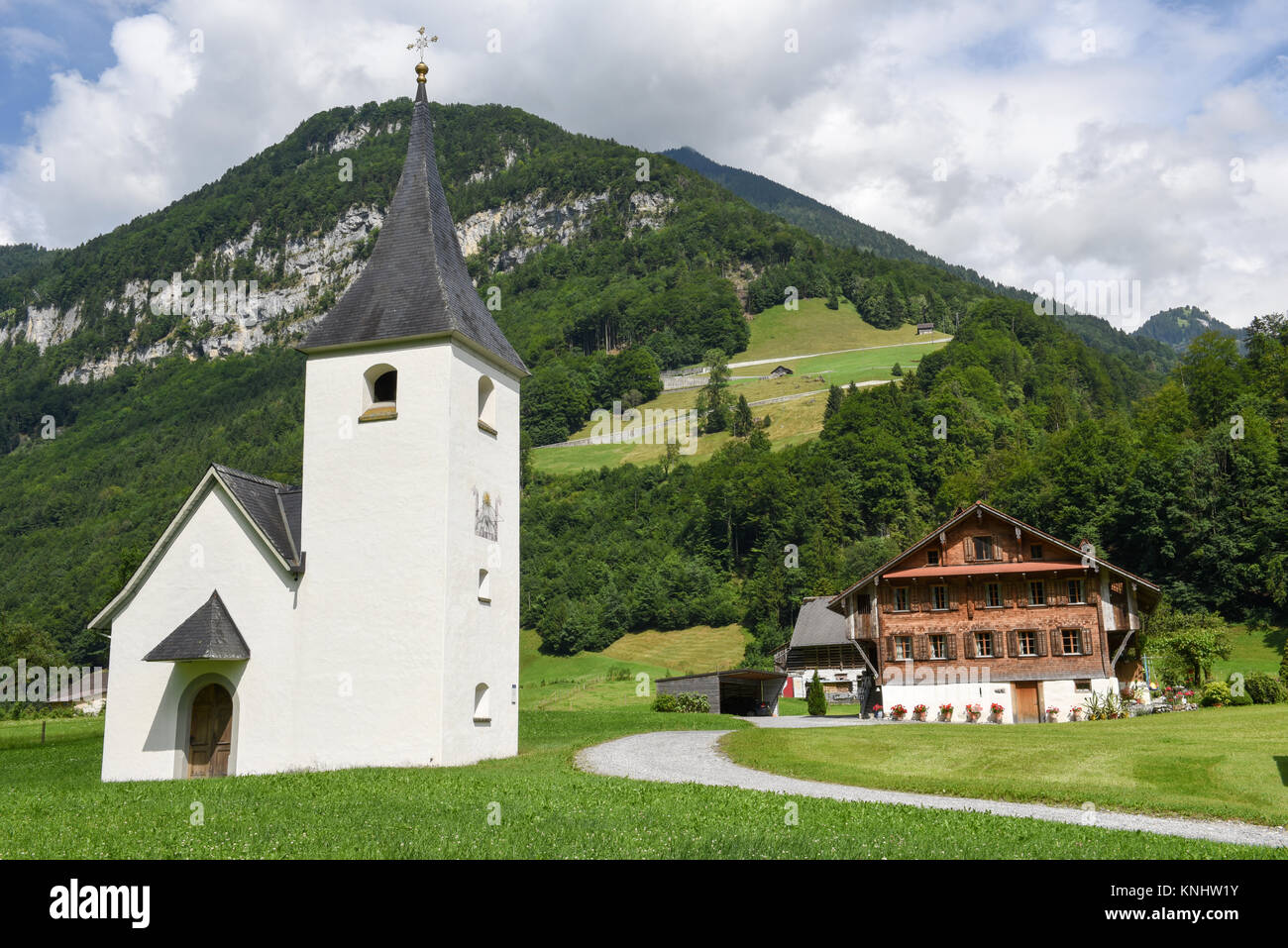Wofenschiessen, Switzerland - 11 July 2017: The chapel of Saint Sebastian at Wofenschiessen on the Swiss alps Stock Photo