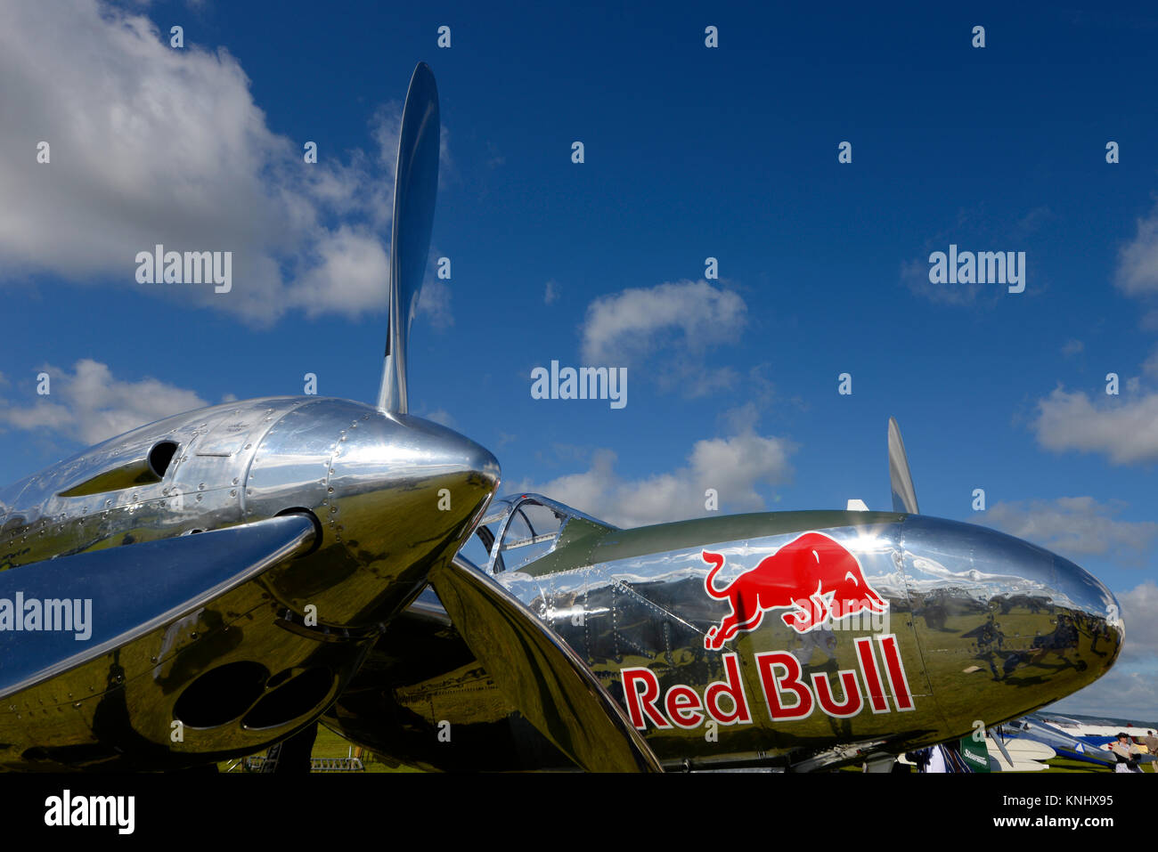 Lockheed P-38 Lightning fighter plane of Flying Bulls sponsored by Red Bull at Goodwood Revival 2017 Stock Photo