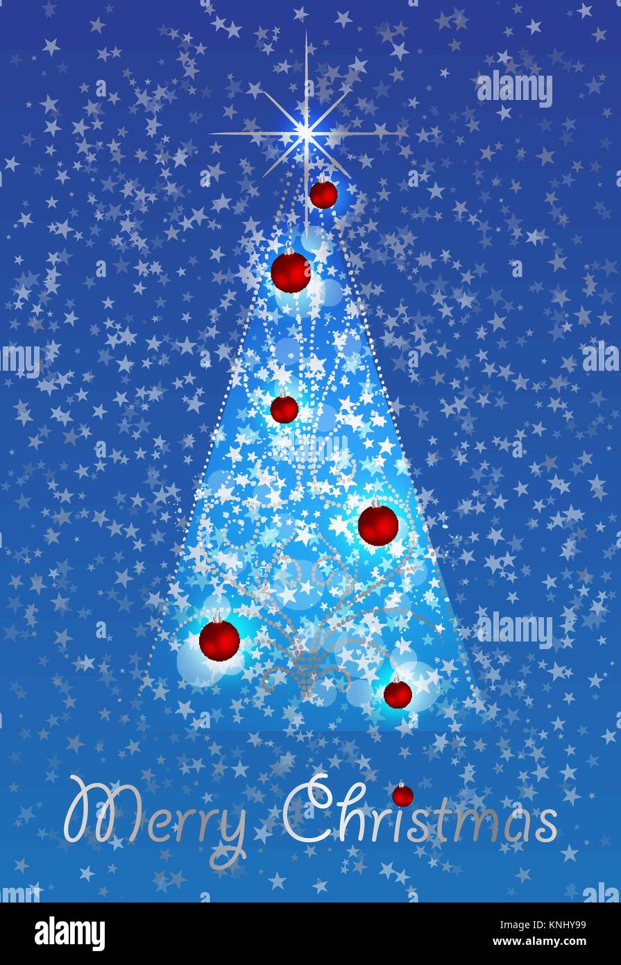 Decorated christmas tree with star, lights, decoration balls and lamps. Merry Christmas and a happy new year. Stock Vector
