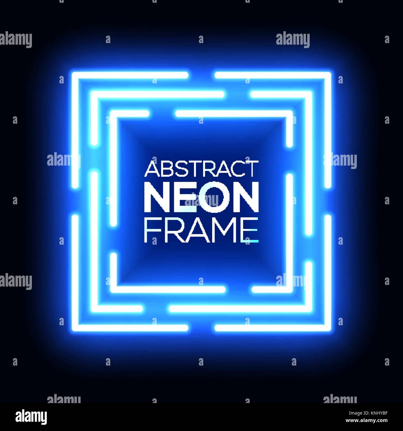 Blue neon light abstract squares. Shining techno square frame. Night club electric bright 3d box design on dark blue backdrop. Neon square background with glow. Technology vector cube illustration. Stock Vector