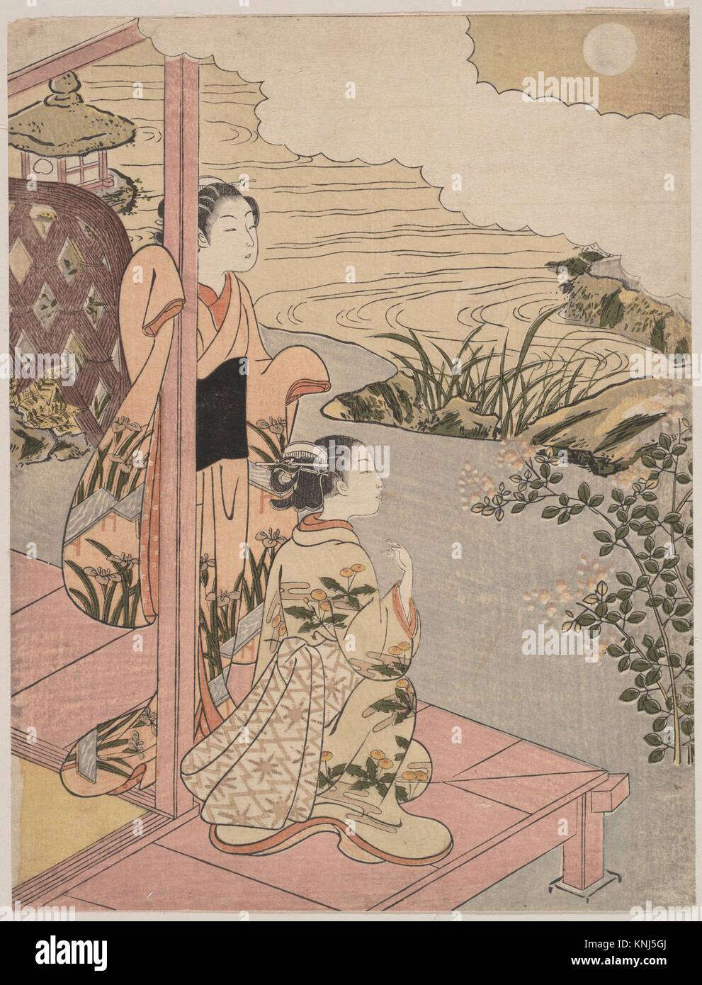 Two Girls on a Veranda beside a Stream with the Moon. Artist: Suzuki Harunobu (Japanese, 1725-1770); Period: Edo period (1615-1868); Culture: Japan; Stock Photo