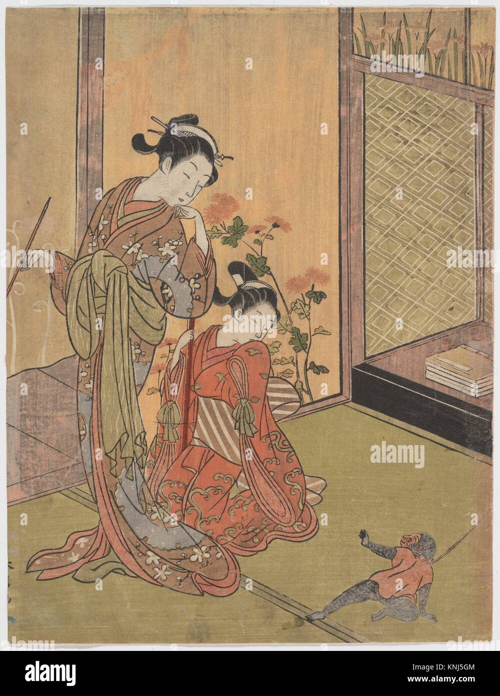 Two Girls Looking at a Monkey on a Leash. Artist: Suzuki Harunobu (Japanese, 1725-1770); Period: Edo period (1615-1868); Culture: Japan; Medium: Stock Photo