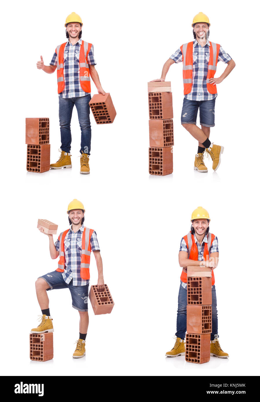 Builder with clay bricks isolated on white Stock Photo Alamy