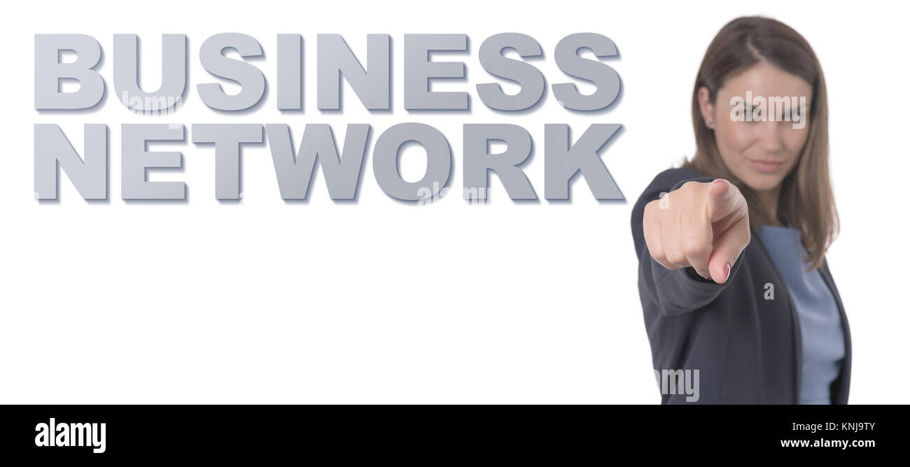 Business Woman pointing the text BUSINESS NETWORK Business Concept. Stock Photo