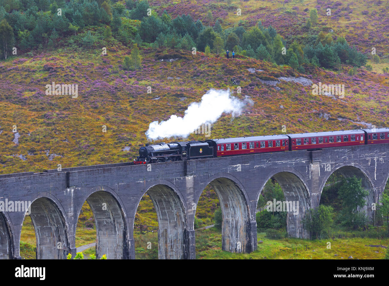 The Hogwarts Express steam train passing on Glenfinnan viaduct, Lochaber, Highland of Scotland, UK Stock Photo