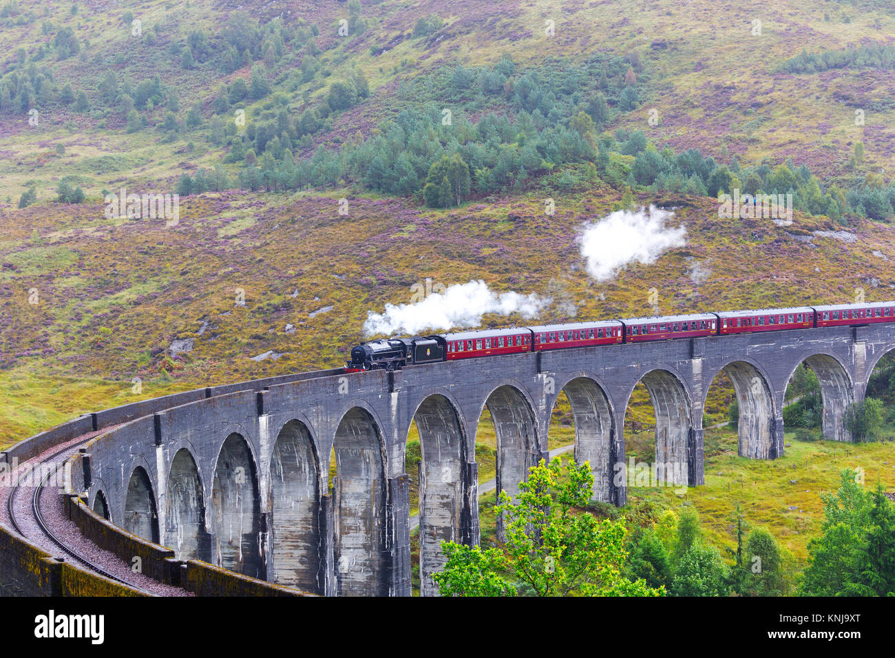 The Hogwarts Express steam train passing on Glenfinnan viaduct, Lochaber, Highland of Scotland, UK Stock Photo