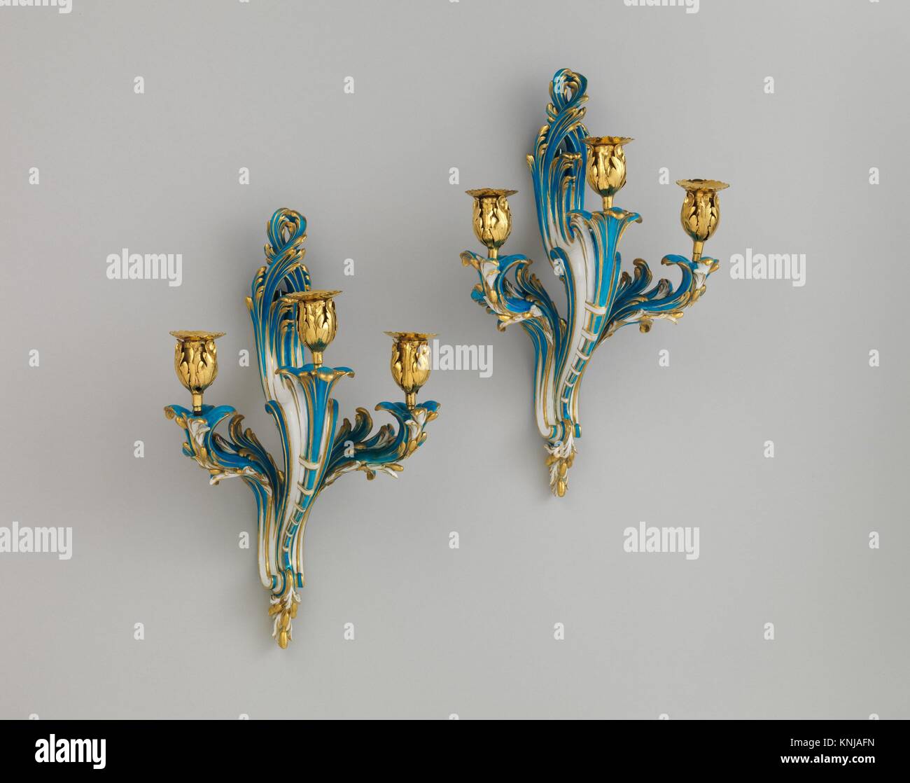 Pair of three-light wall sconces (Bras de cheminée). Factory: Sèvres Manufactory (French, 1740-present); Modeler: Model attributed to Jean-Claude Stock Photo