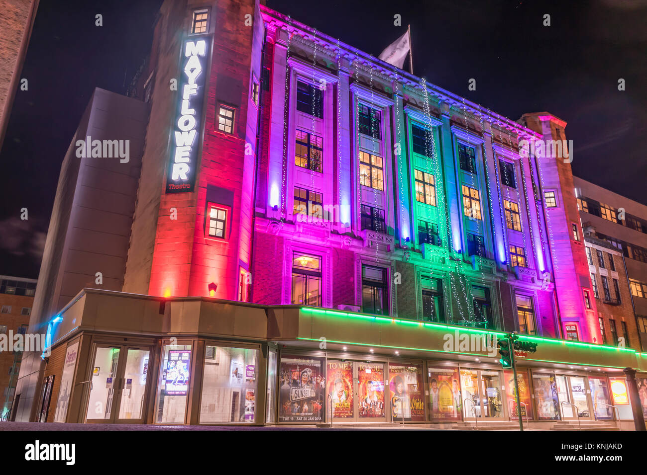 The illuminated colourful front facade of the Mayflower Theatre in Southampton during December 2017, England, UK Stock Photo