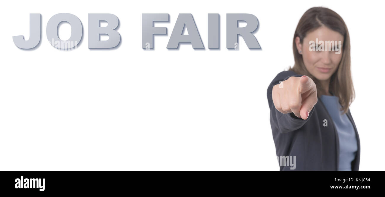 Business Woman pointing the text JOB FAIR CONCEPT Business Concept. Stock Photo