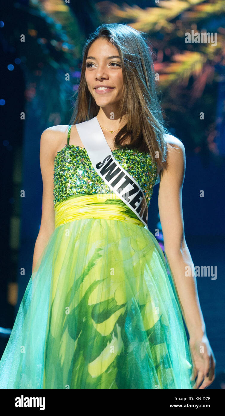 DORAL, FL - JANUARY 23: Zoe Metthez, Miss Switzerland 2014, rehearses on stage at the FIU Arena on Friday, January 23rd. The 63rd Annual MISS UNIVERSE Pageant on January 23, 2015 in Miami, Florida.  People:  Zoe Metthez, Miss Switzerland Stock Photo
