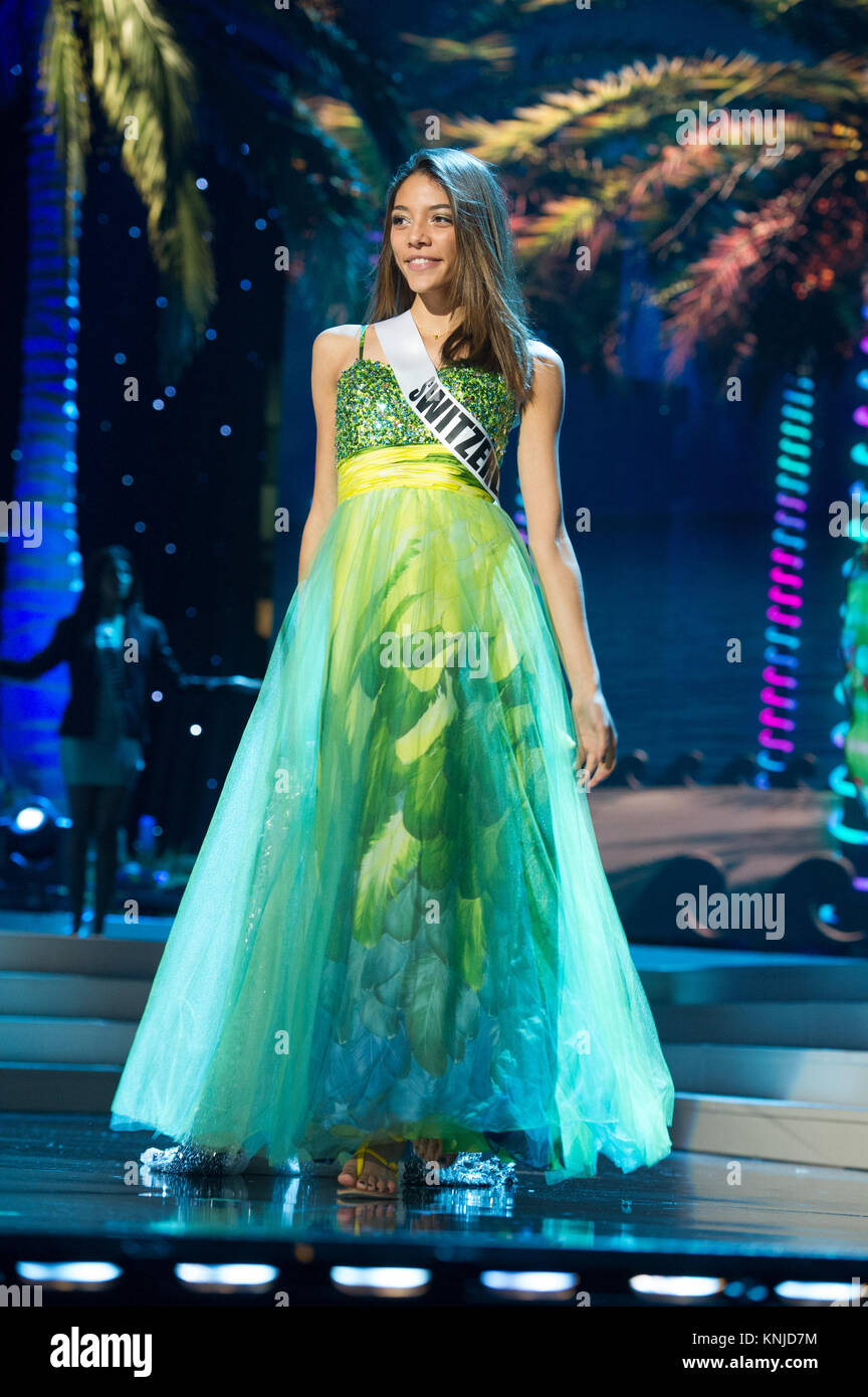 DORAL, FL - JANUARY 23: Zoe Metthez, Miss Switzerland 2014, rehearses on stage at the FIU Arena on Friday, January 23rd. The 63rd Annual MISS UNIVERSE Pageant on January 23, 2015 in Miami, Florida.  People:  Zoe Metthez, Miss Switzerland Stock Photo