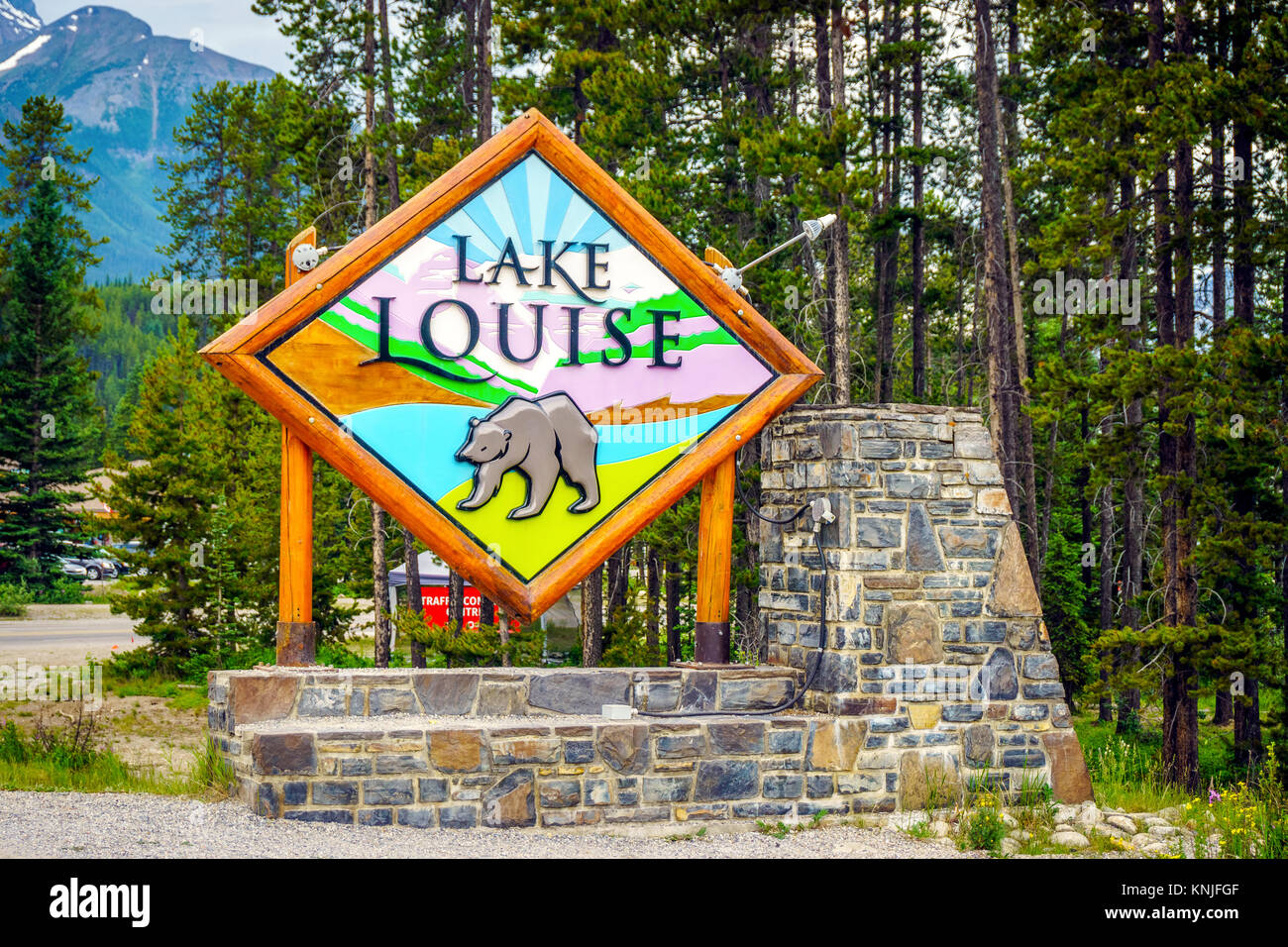 Welcome to Lake Louise, welcoming sign to the famous town, Alberta, Canada Stock Photo