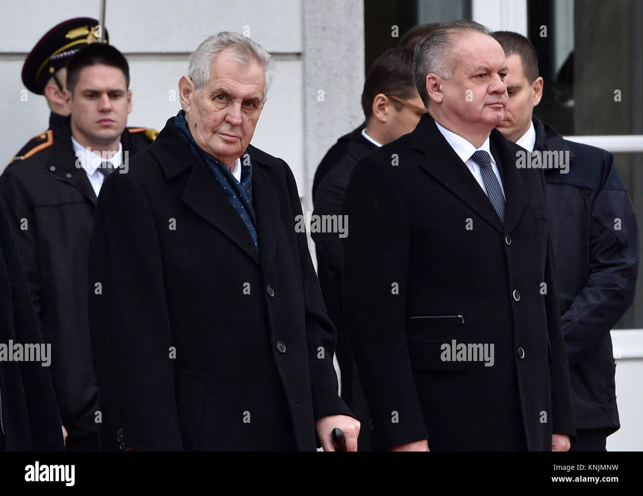 Bratislava, Slovakia. 12th Dec, 2017. Czech President Milos Zeman (left, front) visits Slovakia on December 12, 2017. This is Zeman's last abroad trip in this election period. On the photo is seen Zeman with his Slovak counterpart Andrej Kiska (right, front) in Bratislava, Slovakia. Credit: Vaclav Salek/CTK Photo/Alamy Live News Stock Photo